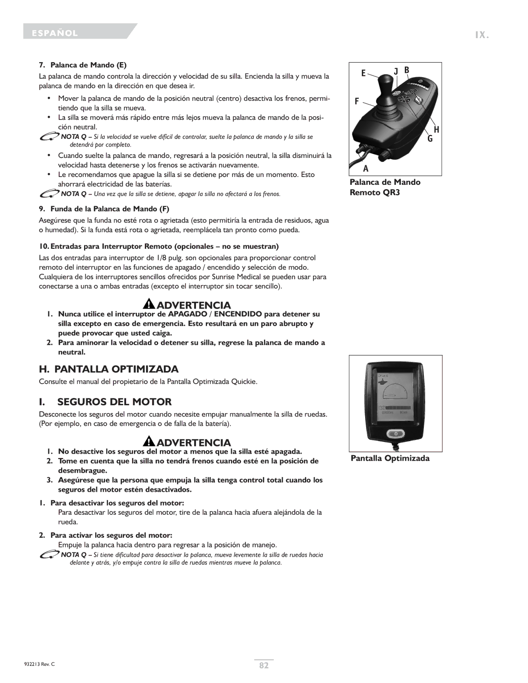 Sunrise Medical Z-Bop owner manual Pantalla Optimizada, Palanca de Mando E, Funda de la Palanca de Mando F 