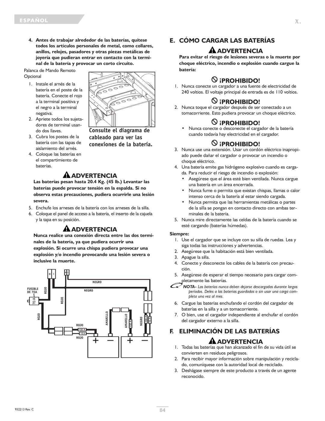 Sunrise Medical Z-Bop owner manual Cómo Cargar LAS Baterías Advertencia, Eliminación DE LAS Baterías Advertencia, Siempre 