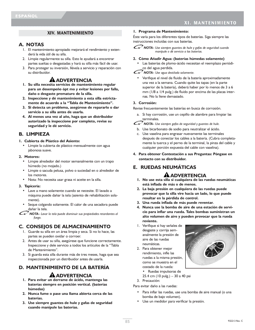 Sunrise Medical Z-Bop XIV. Mantenimiento, Limpieza, Consejos DE Almacenamiento, Mantenimiento DE LA Batería Advertencia 