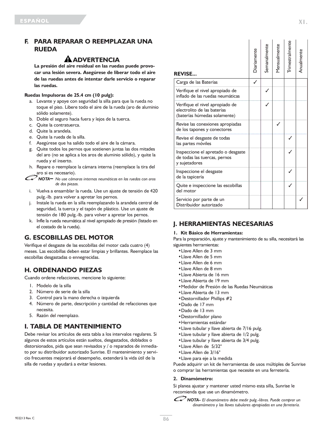 Sunrise Medical Z-Bop owner manual Para Reparar O Reemplazar UNA Rueda Advertencia, Escobillas DEL Motor, Ordenando Piezas 