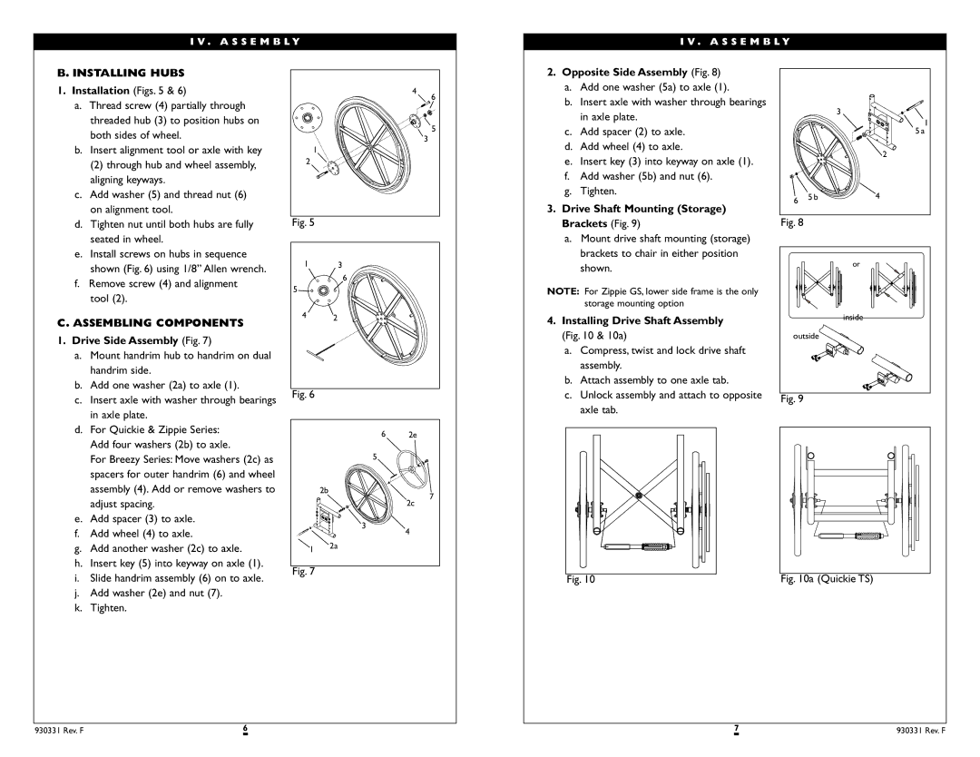 Sunrise Medical Quickie 2, Zippie 2, Zippie GS, Quickie TS, Quickie IRIS, Breezy Series Installing Hubs, Assembling Components 