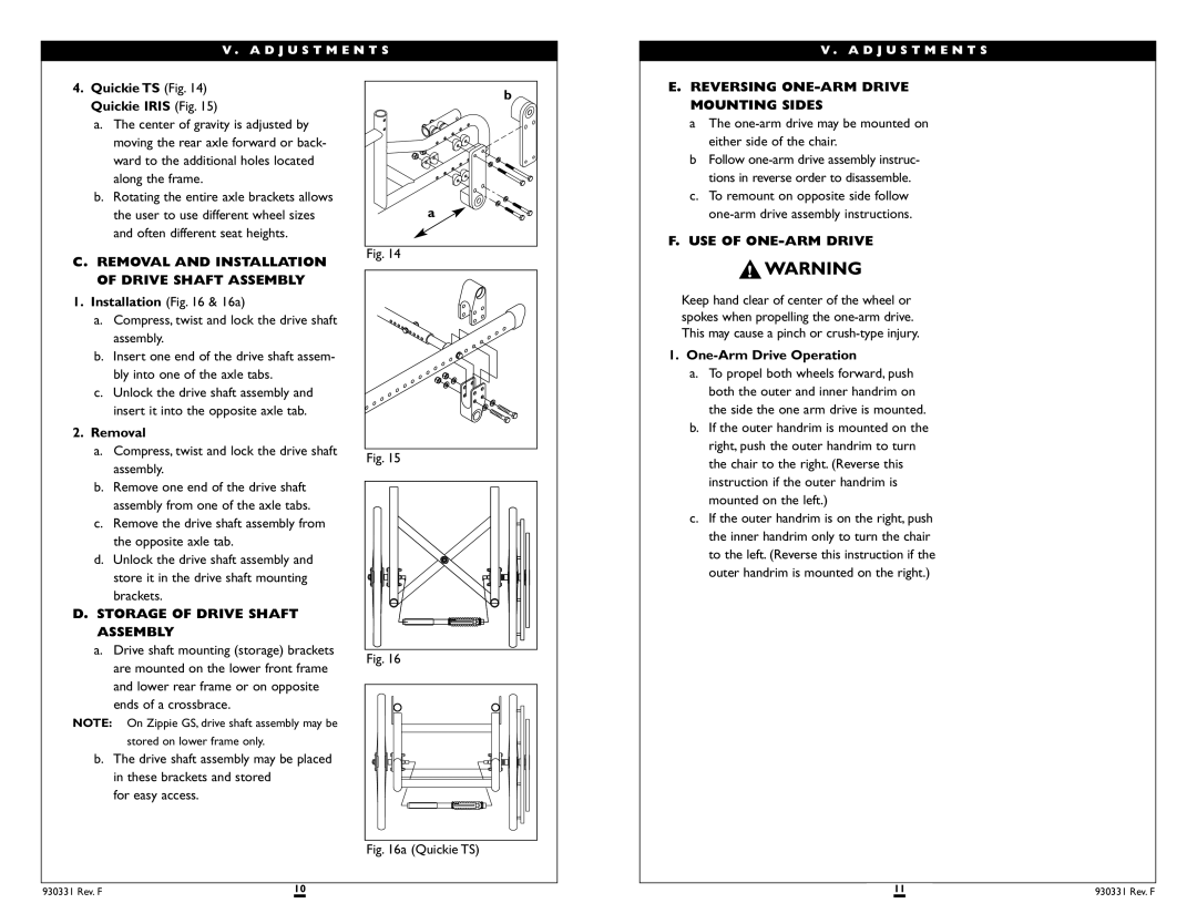 Sunrise Medical Zippie 2, Zippie GS Removal and Installation of Drive Shaft Assembly, Storage of Drive Shaft Assembly 