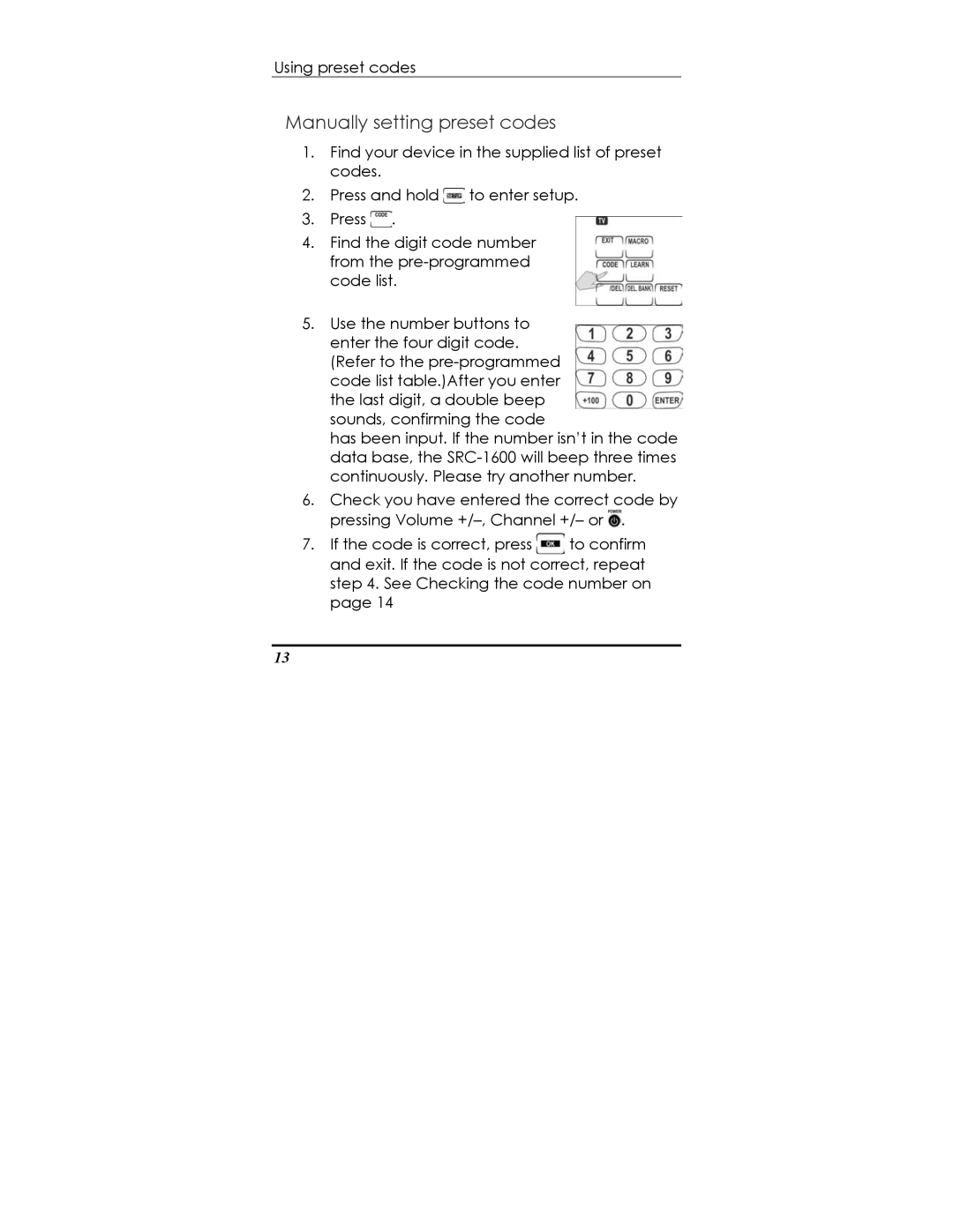 Sunwave Tech SRC-1600 manual Manually setting preset codes 