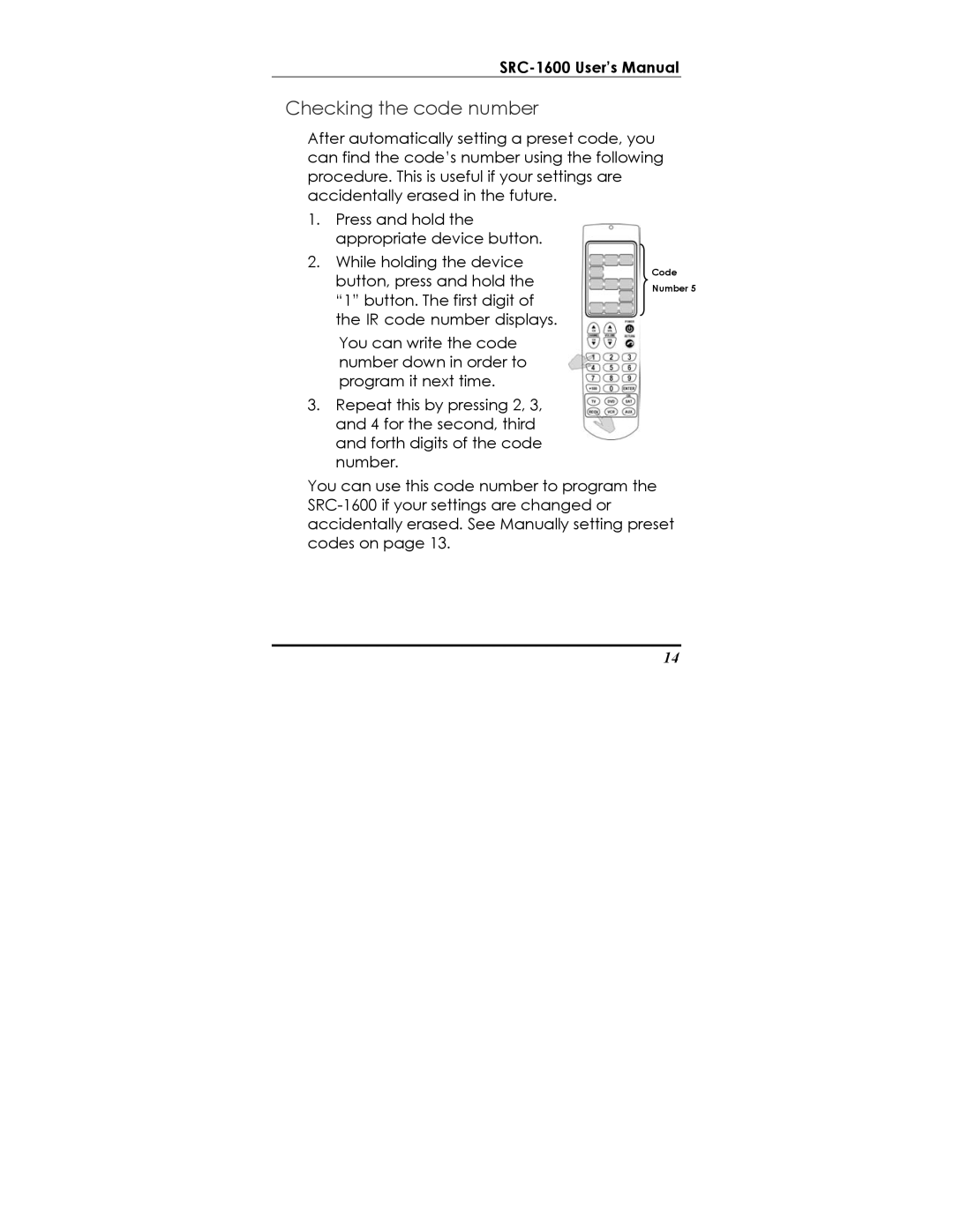 Sunwave Tech SRC-1600 manual Checking the code number 