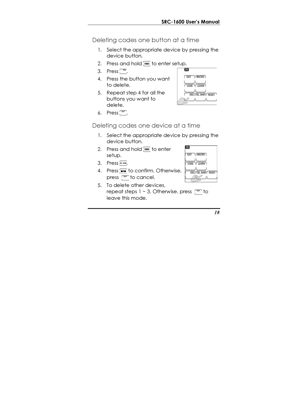 Sunwave Tech SRC-1600 manual Deleting codes one button at a time, Deleting codes one device at a time 