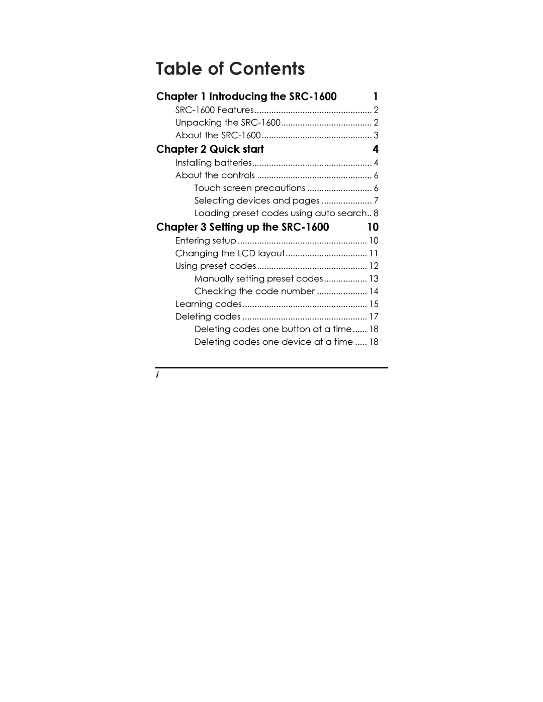 Sunwave Tech SRC-1600 manual Table of Contents 