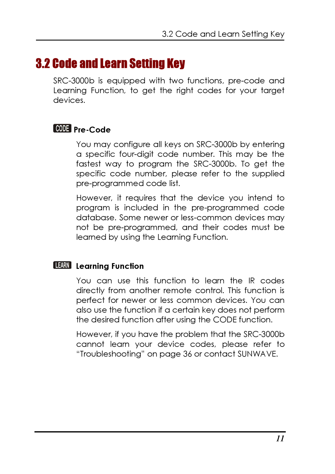 Sunwave Tech SRC-3000b manual Code and Learn Setting Key, Pre-Code 