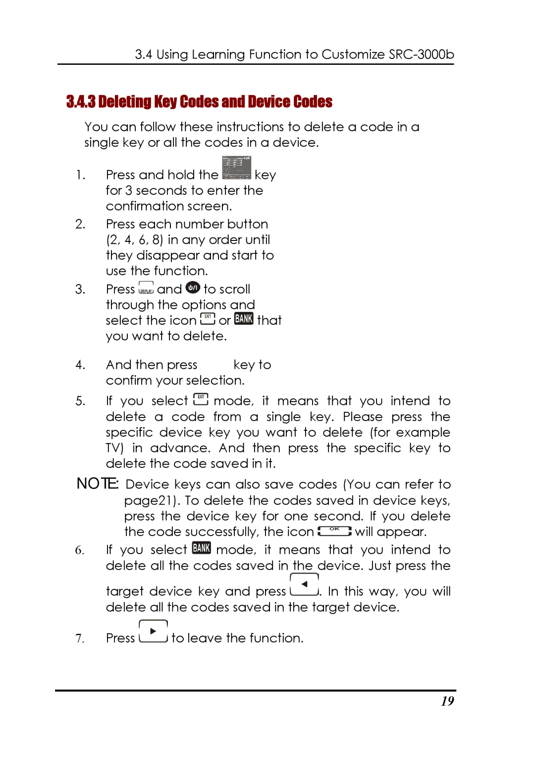 Sunwave Tech SRC-3000b manual Deleting Key Codes and Device Codes 