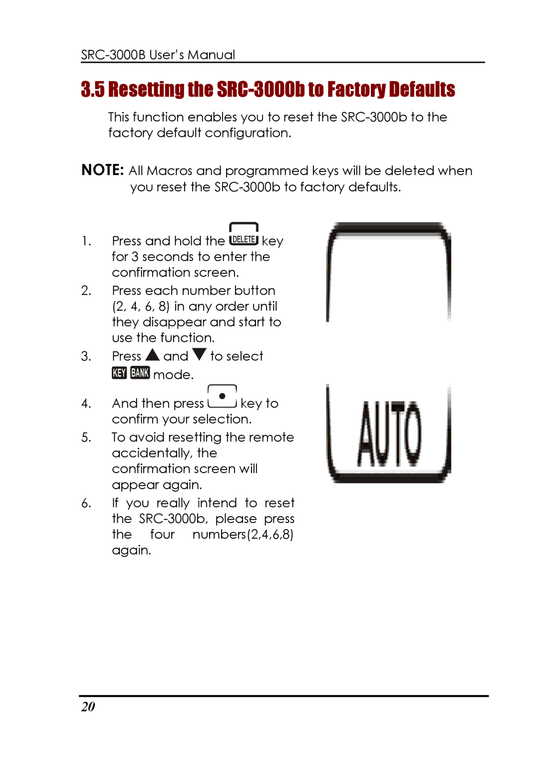 Sunwave Tech manual Resetting the SRC-3000b to Factory Defaults 