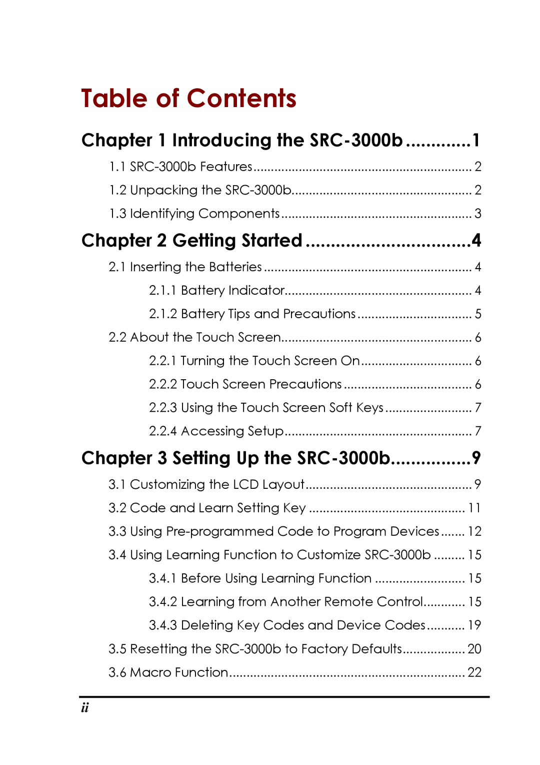 Sunwave Tech SRC-3000b manual Table of Contents 