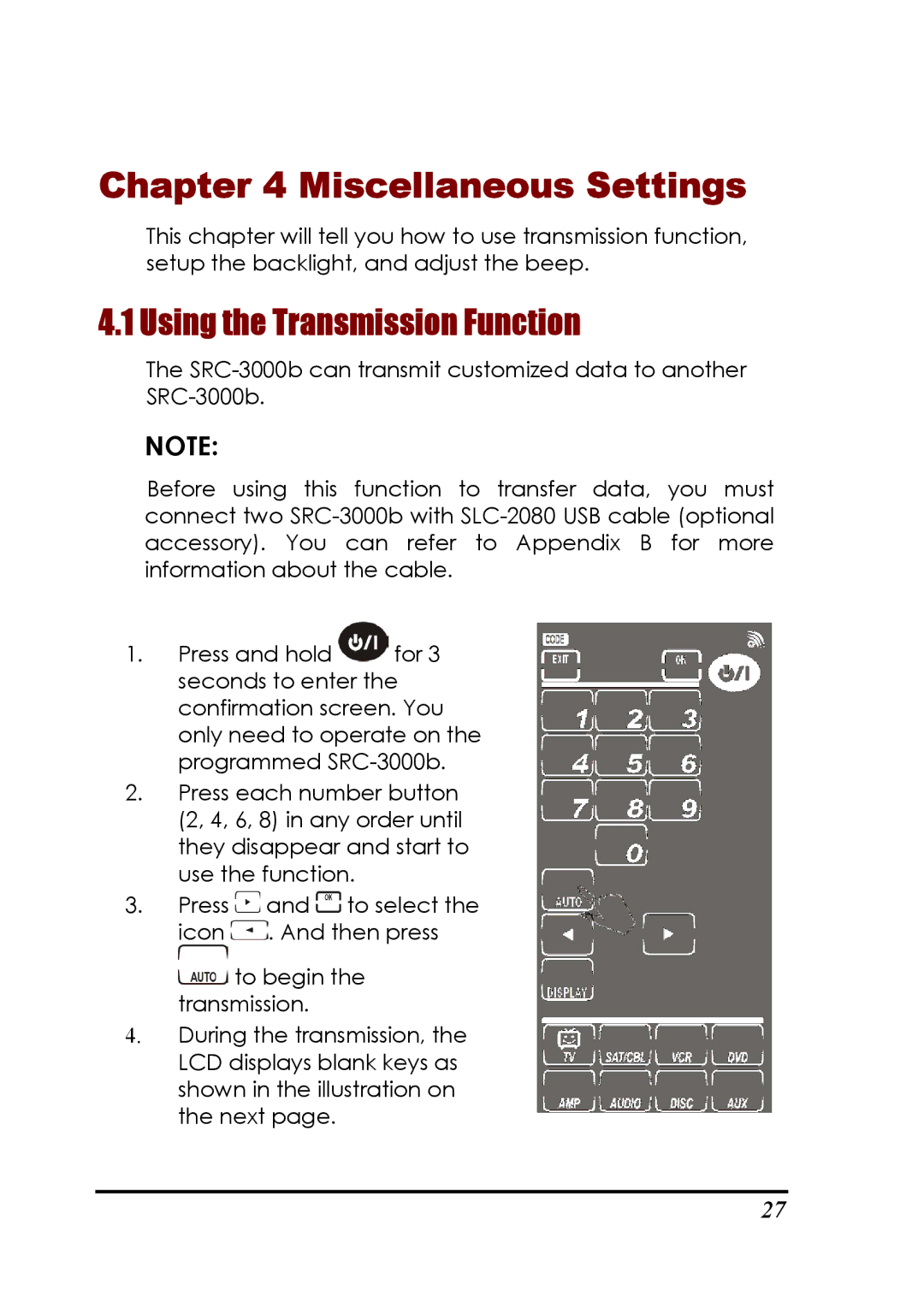 Sunwave Tech SRC-3000b manual Miscellaneous Settings, Using the Transmission Function 