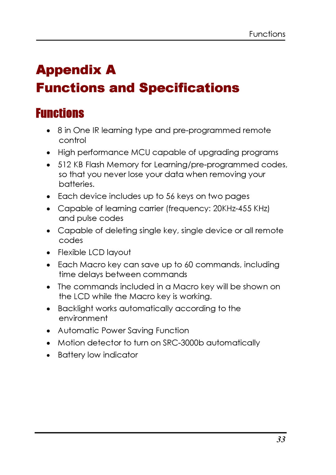 Sunwave Tech SRC-3000b manual Appendix a Functions and Specifications 