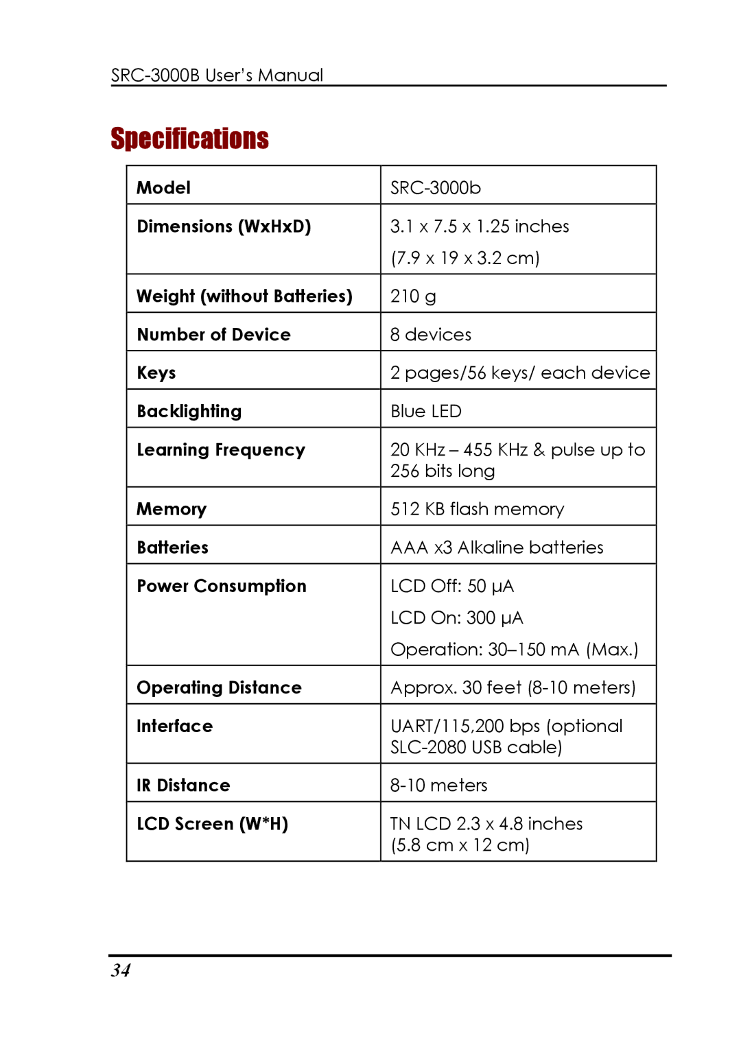 Sunwave Tech SRC-3000b manual Specifications 