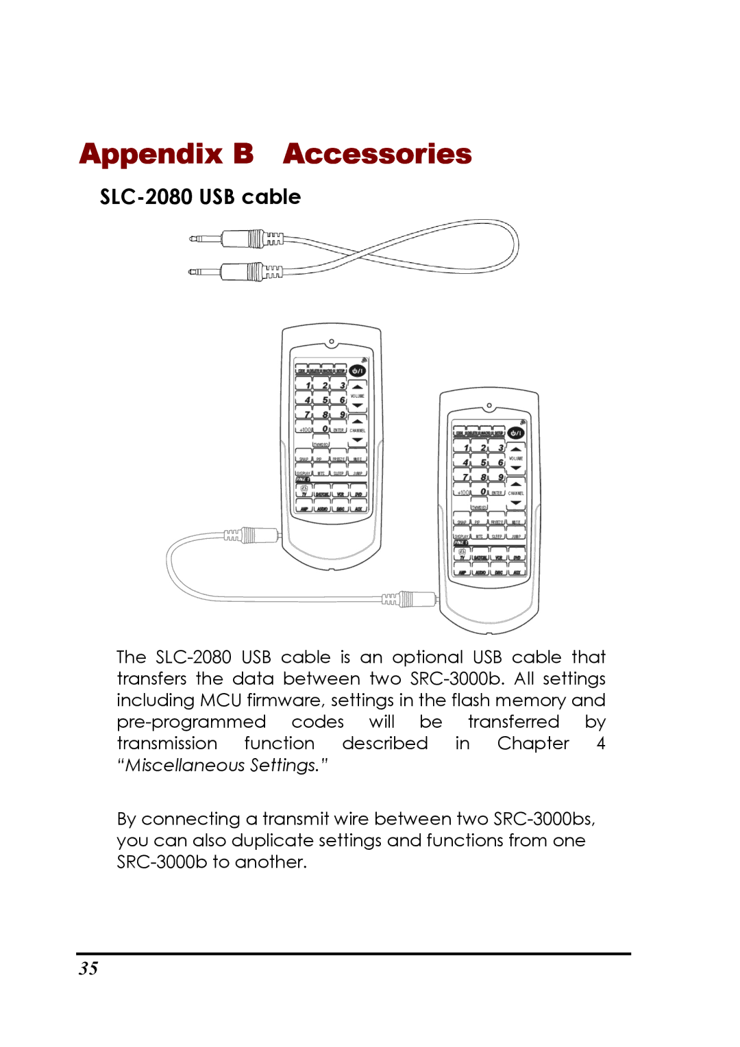 Sunwave Tech SRC-3000b manual Appendix B Accessories, SLC-2080 USB cable 