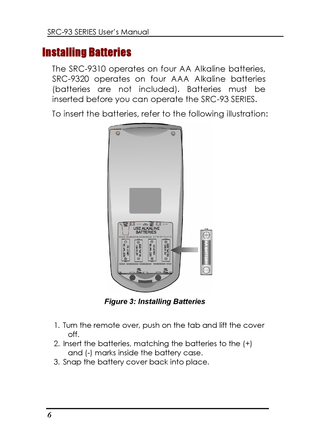 Sunwave Tech SRC-3310/9320 manual Installing Batteries 