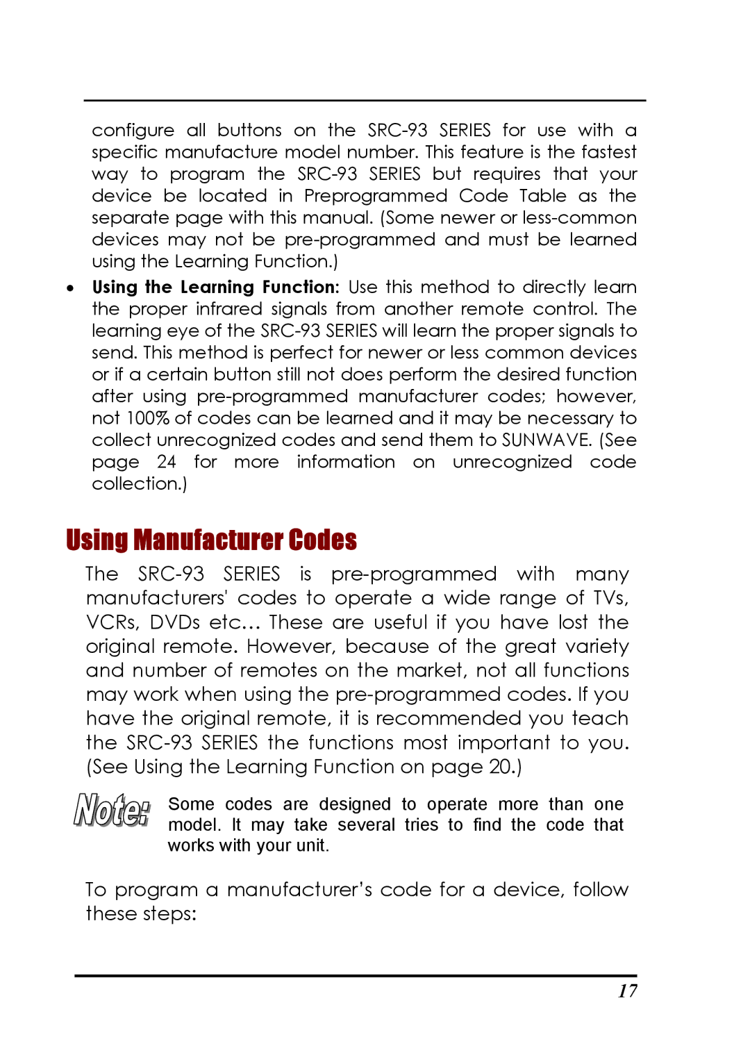 Sunwave Tech SRC-3310/9320 manual Using Manufacturer Codes 