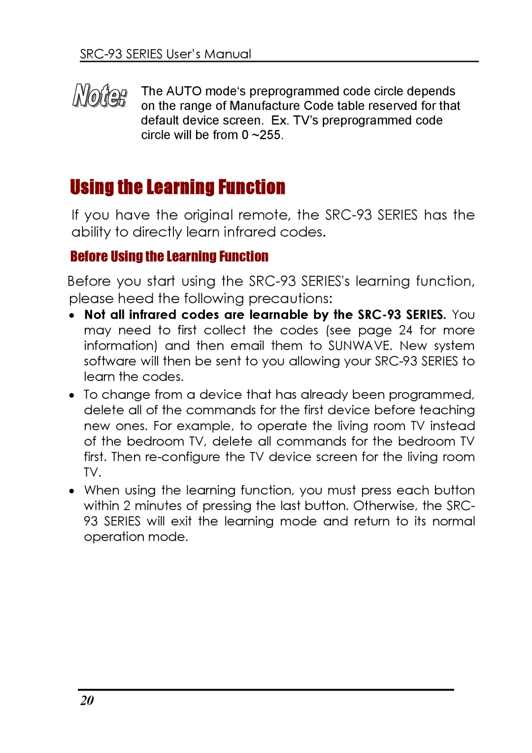 Sunwave Tech SRC-3310/9320 manual Before Using the Learning Function 