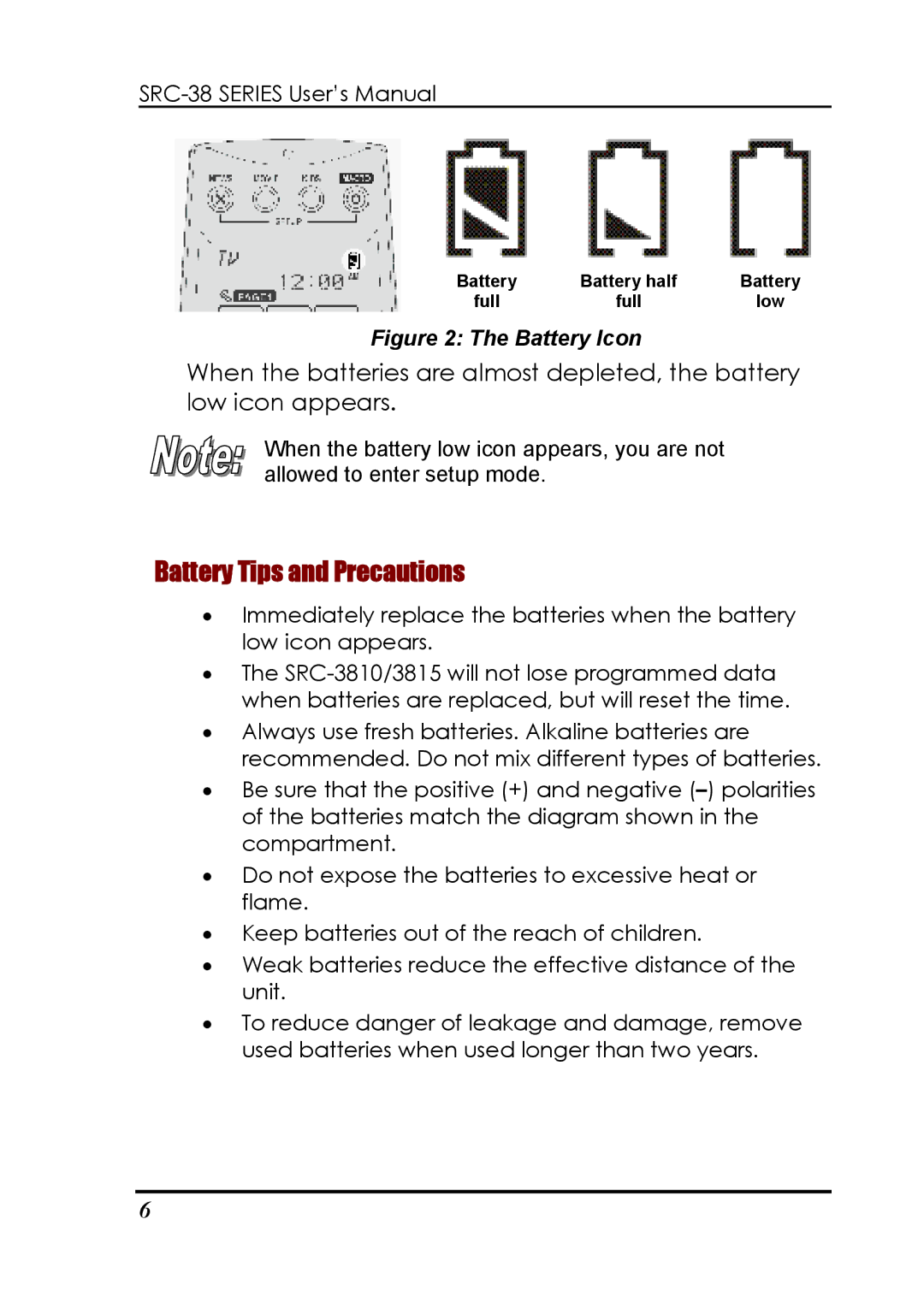 Sunwave Tech SRC-3810, 3815 manual Battery Tips and Precautions, Battery Icon 