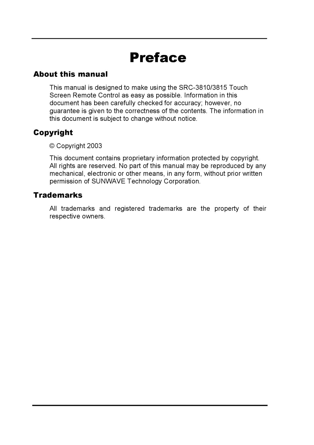 Sunwave Tech 3815, SRC-3810 manual Preface 