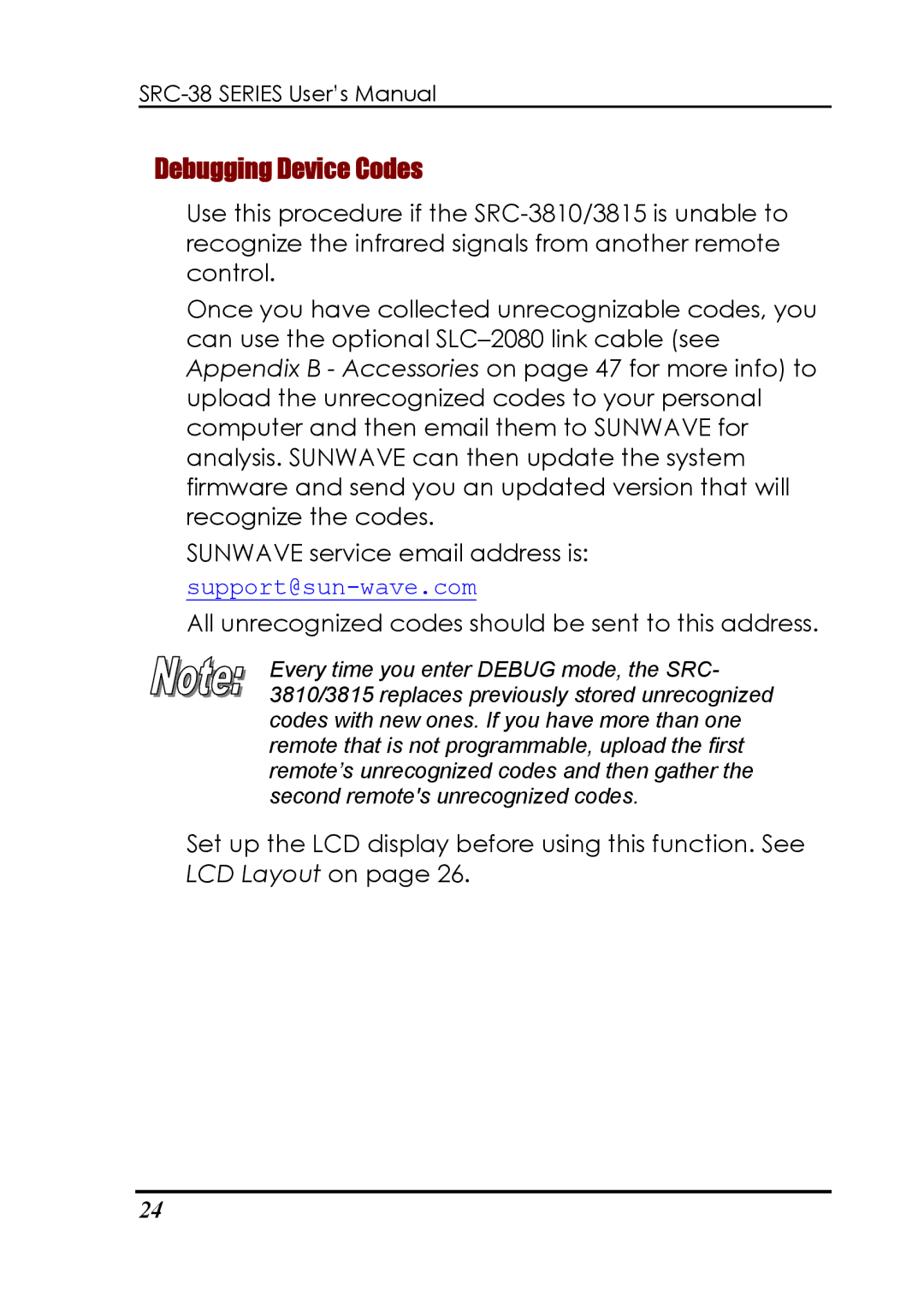 Sunwave Tech SRC-3810, 3815 manual Debugging Device Codes, All unrecognized codes should be sent to this address 