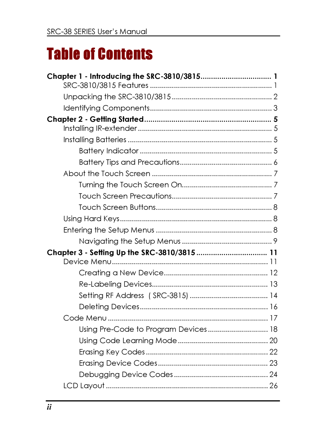 Sunwave Tech SRC-3810, 3815 manual Table of Contents 