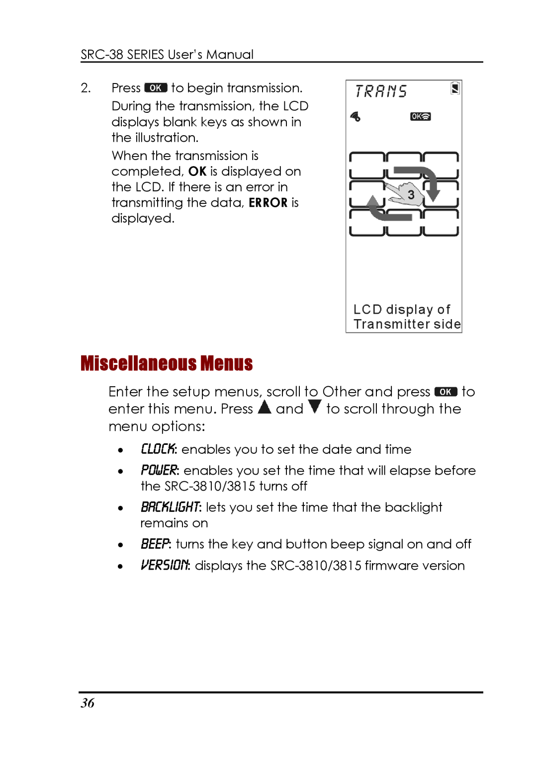 Sunwave Tech SRC-3810, 3815 manual Miscellaneous Menus 