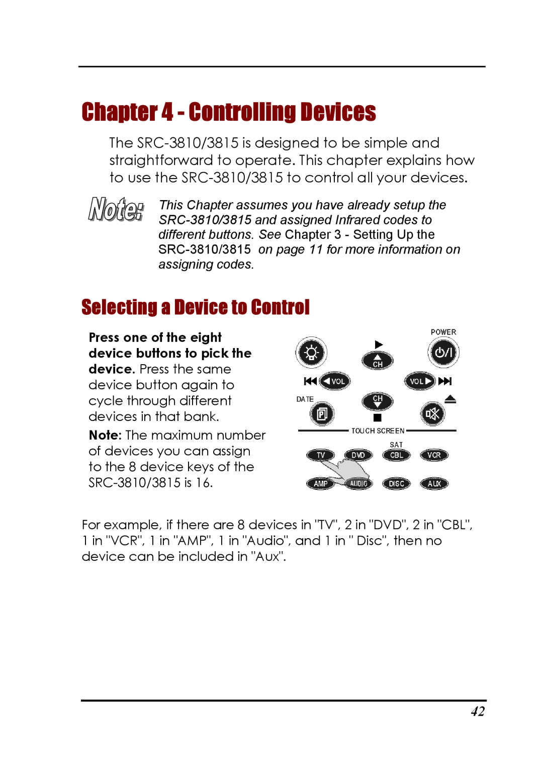 Sunwave Tech SRC-3810, 3815 manual Controlling Devices, Selecting a Device to Control 