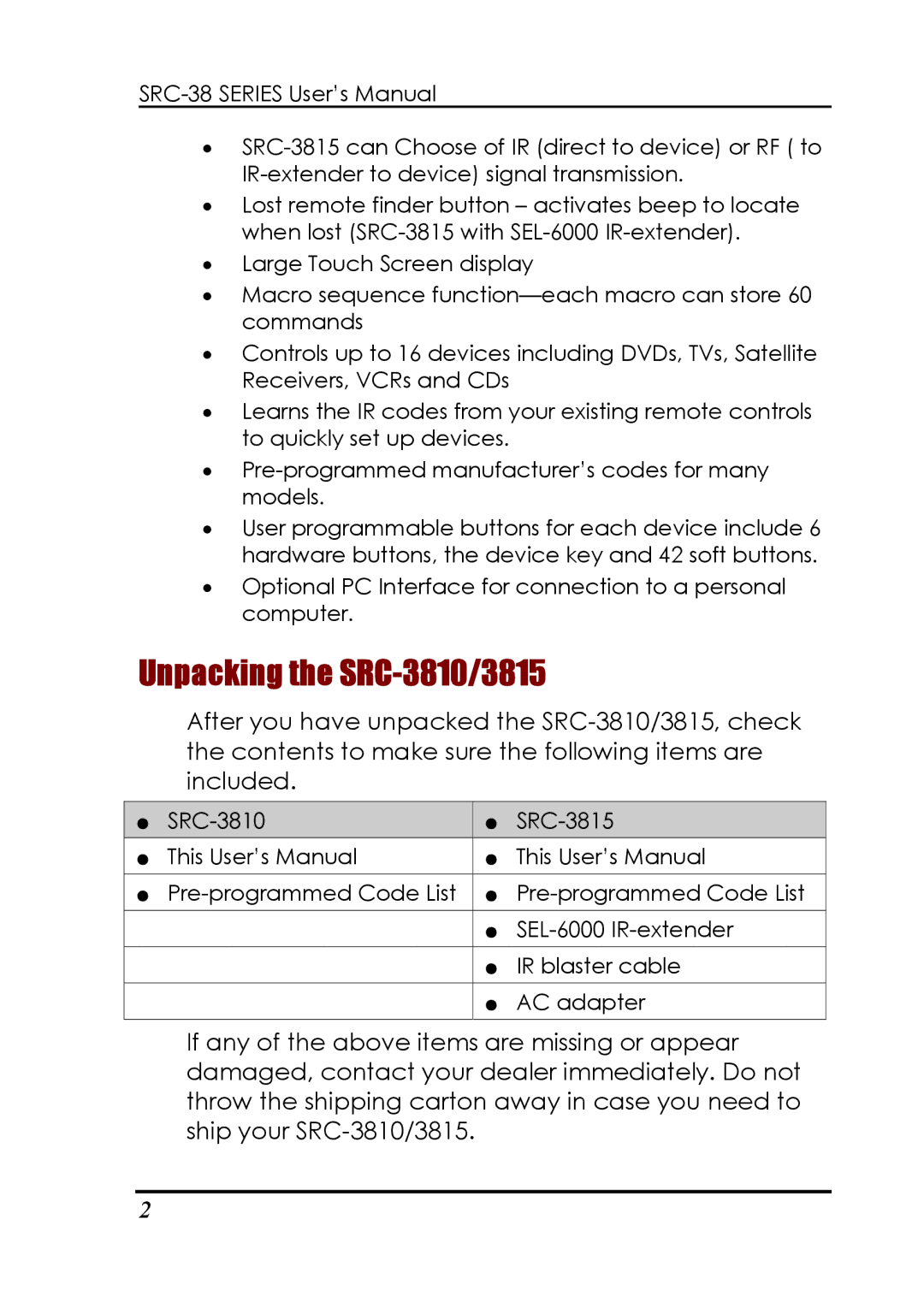 Sunwave Tech manual Unpacking the SRC-3810/3815 