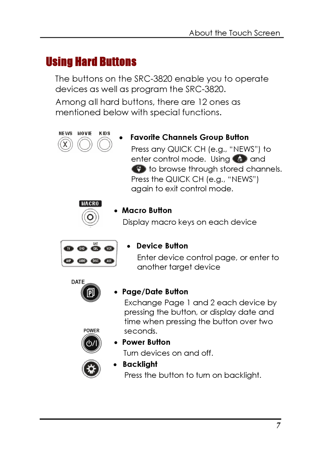 Sunwave Tech SRC-3820 manual Using Hard Buttons, Favorite Channels Group Button 