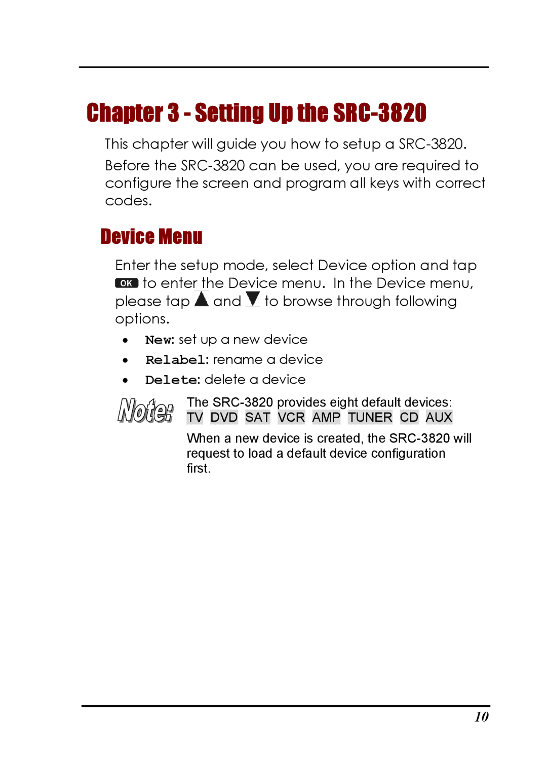 Sunwave Tech manual Setting Up the SRC-3820, Device Menu 