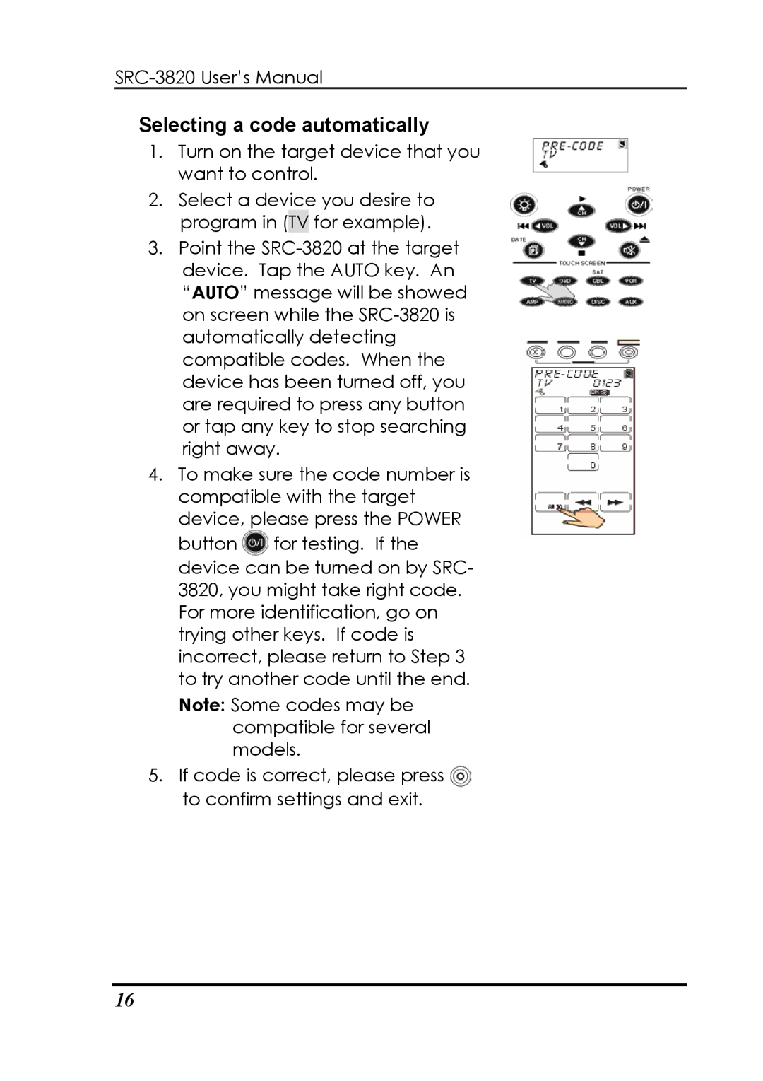 Sunwave Tech SRC-3820 manual Selecting a code automatically 