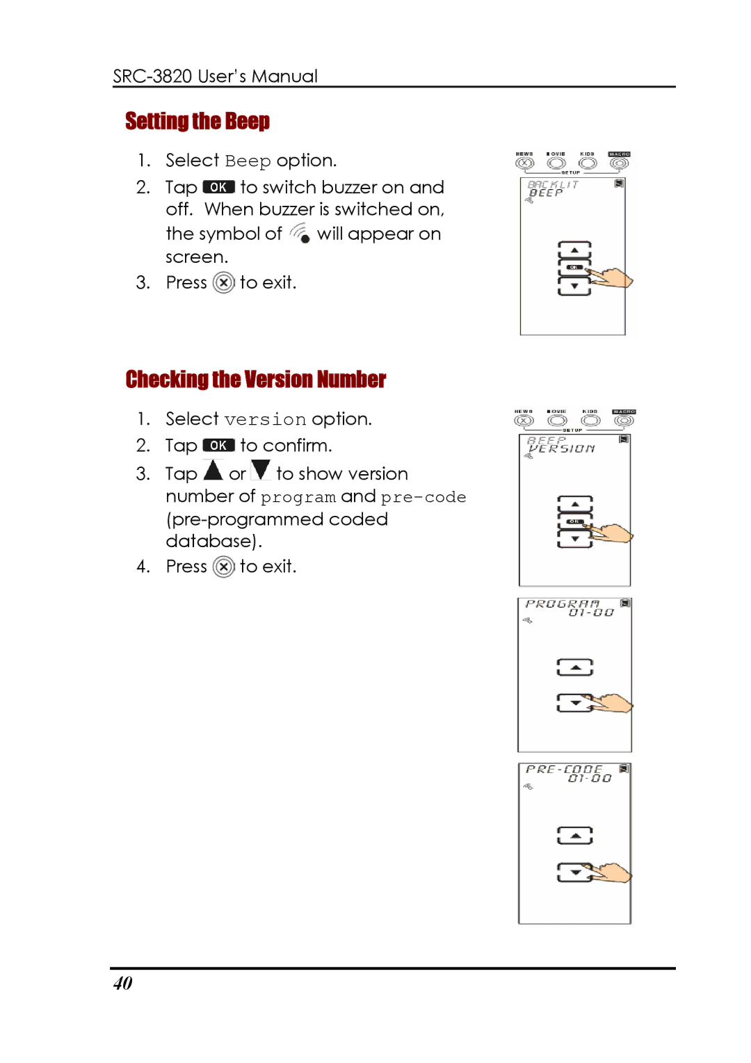 Sunwave Tech SRC-3820 manual Setting the Beep, Checking the Version Number 