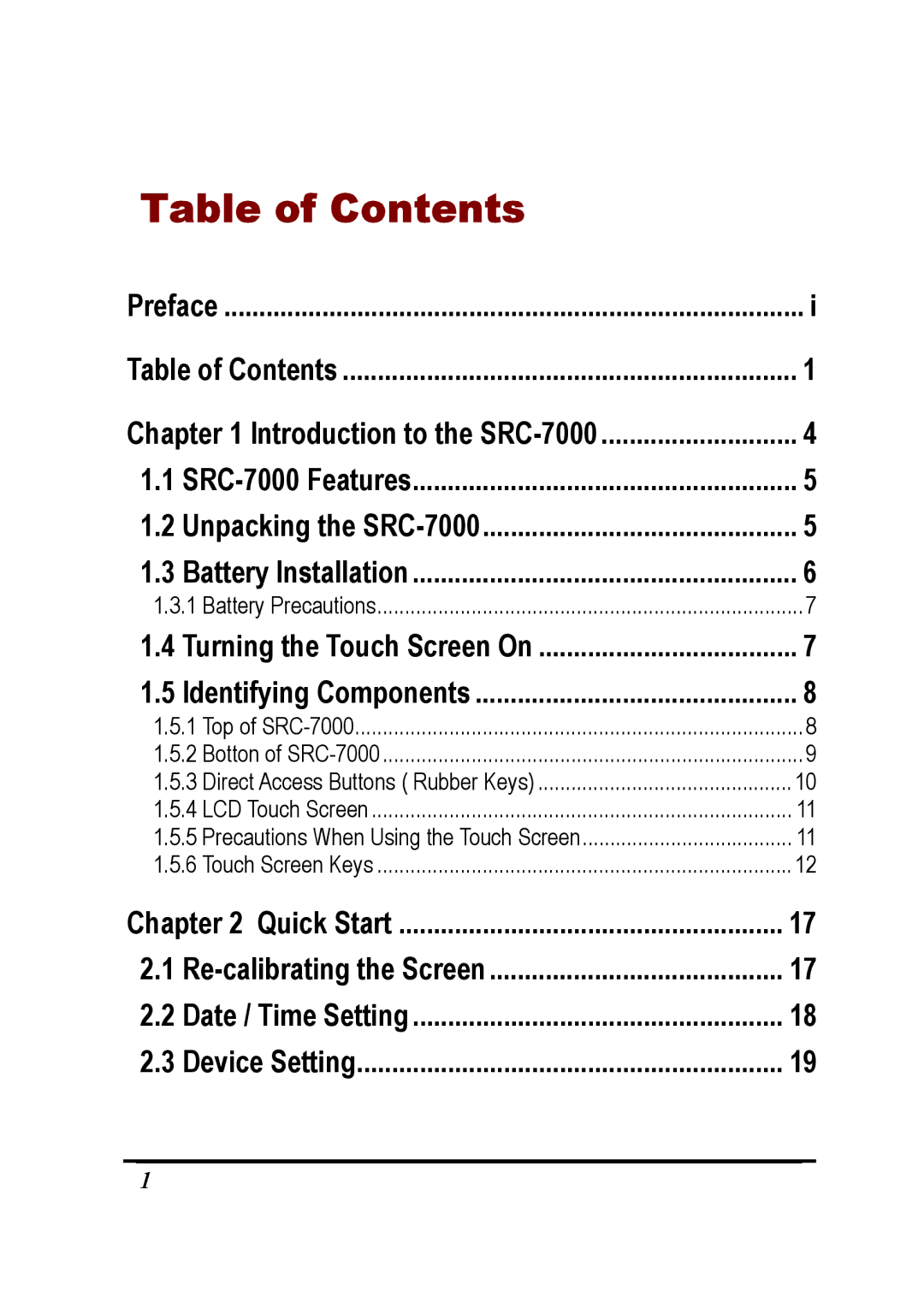 Sunwave Tech SRC-7000 manual Table of Contents 