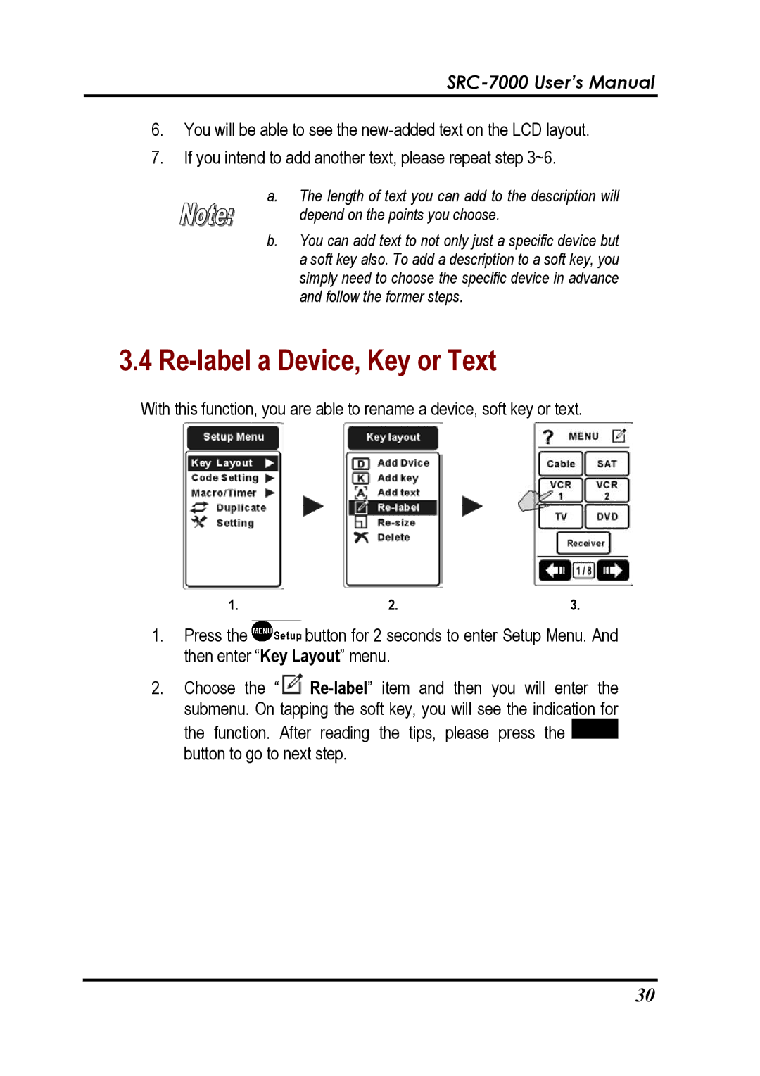 Sunwave Tech SRC-7000 manual Re-label a Device, Key or Text 