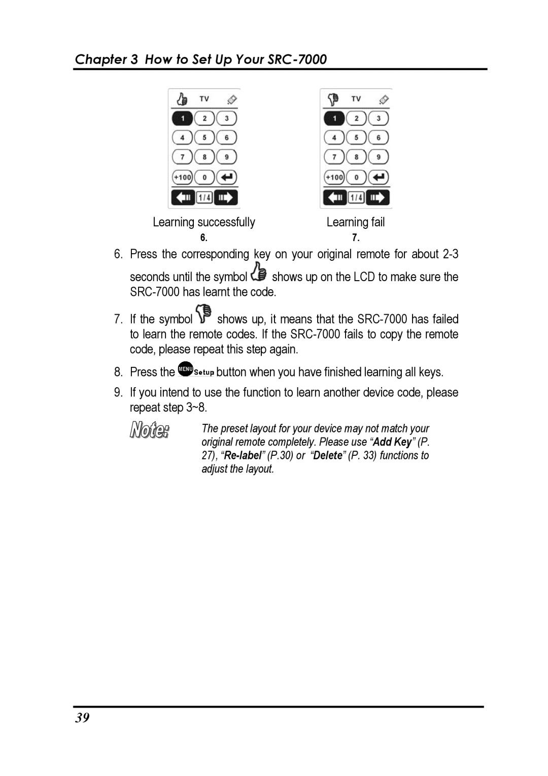 Sunwave Tech SRC-7000 manual Learning successfully Learning fail 