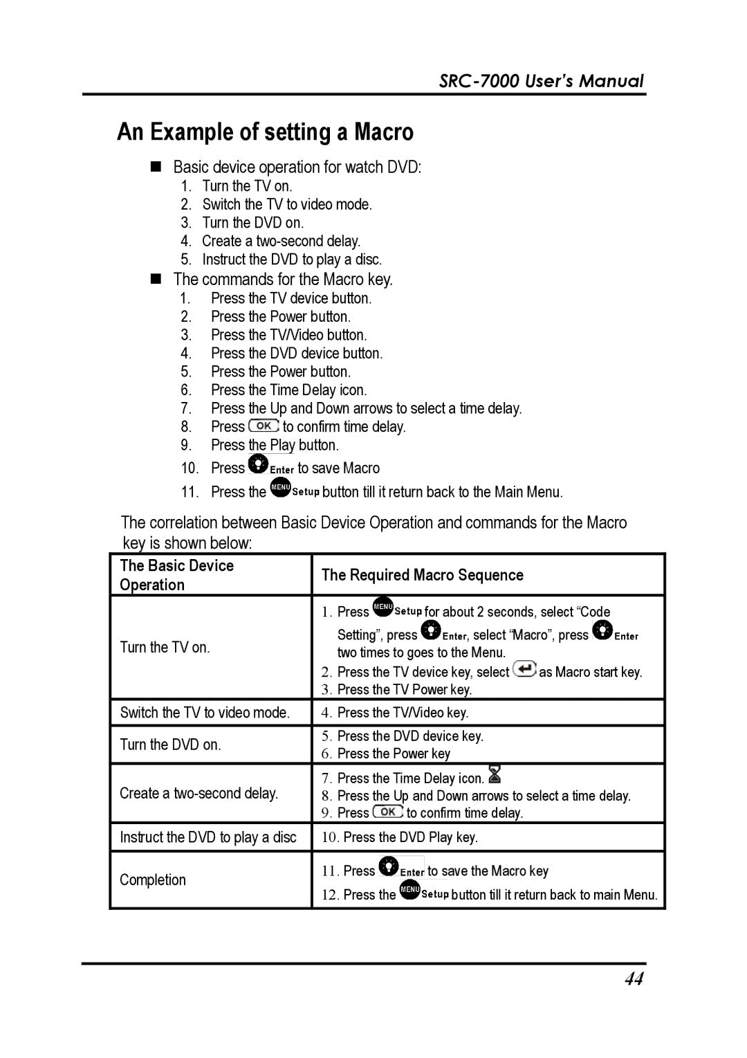 Sunwave Tech SRC-7000 manual An Example of setting a Macro, Basic Device Required Macro Sequence Operation 