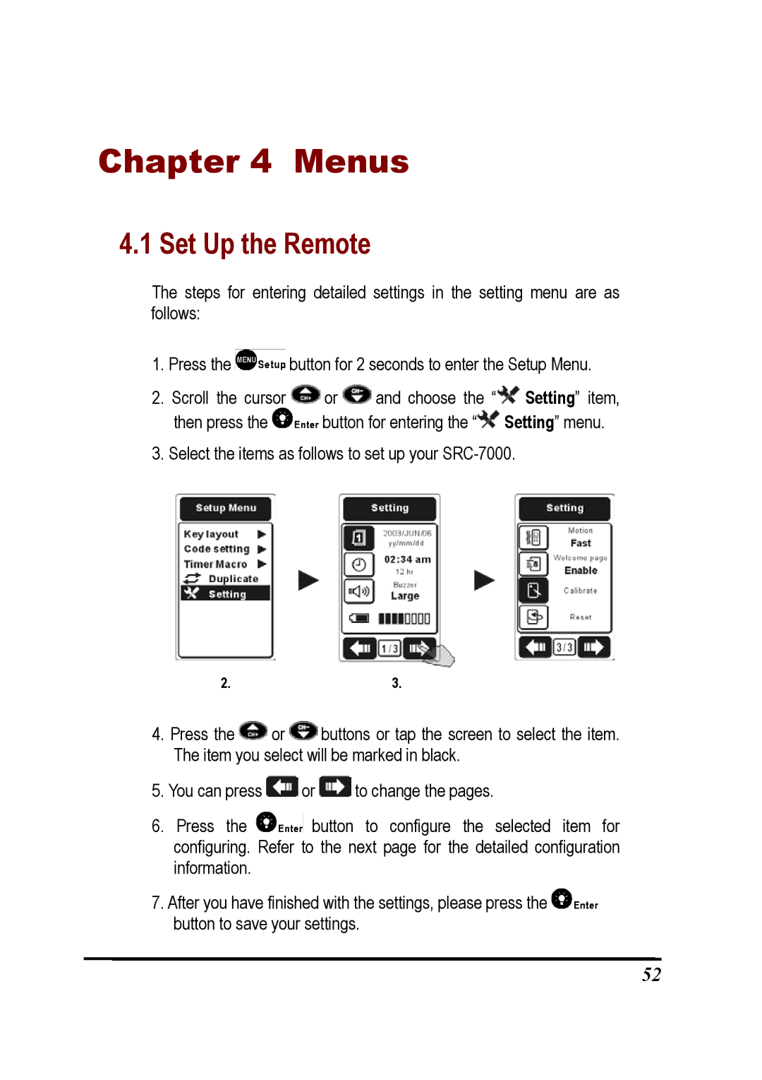 Sunwave Tech SRC-7000 manual Menus, Set Up the Remote 