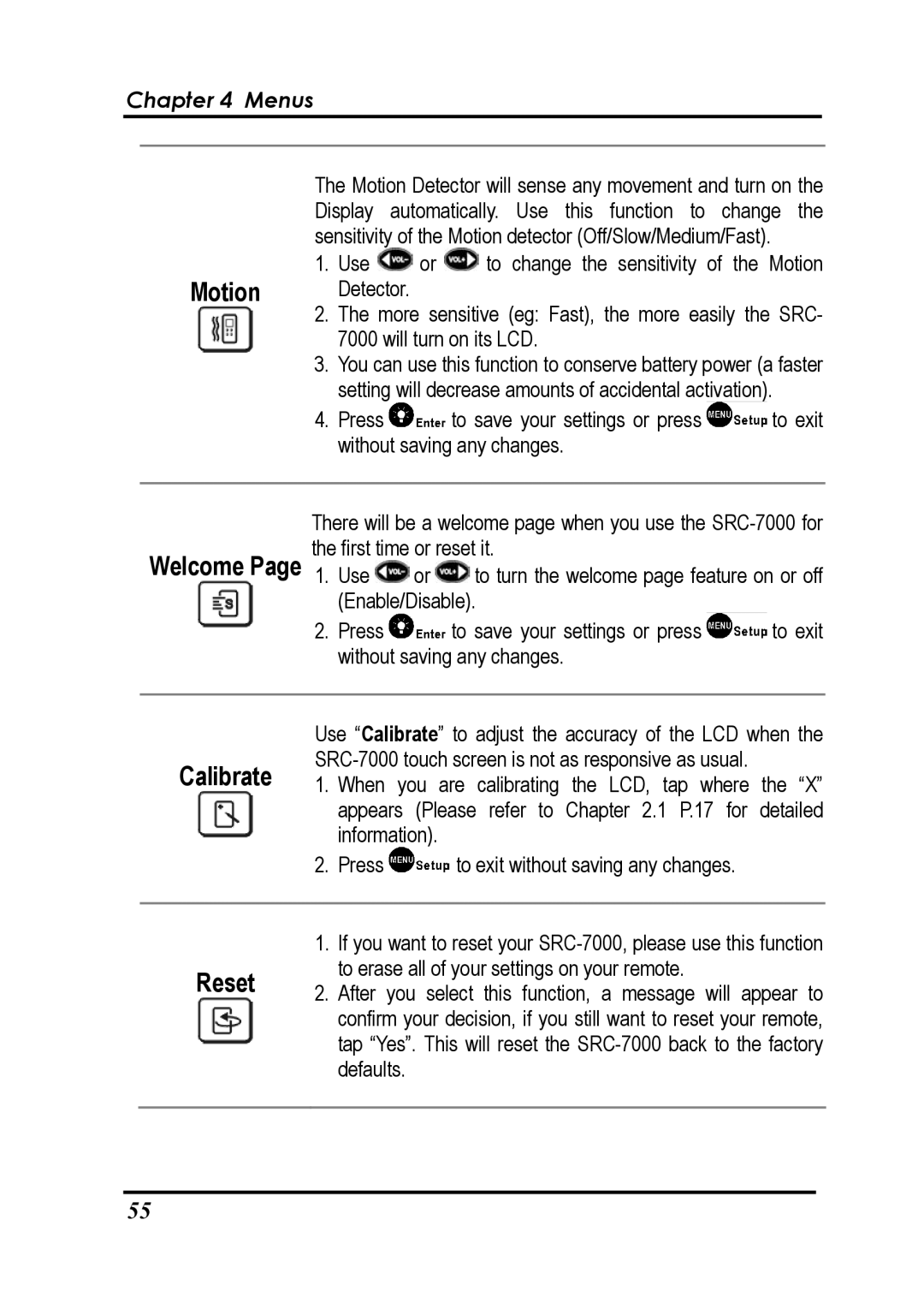 Sunwave Tech SRC-7000 manual Motion, Reset 