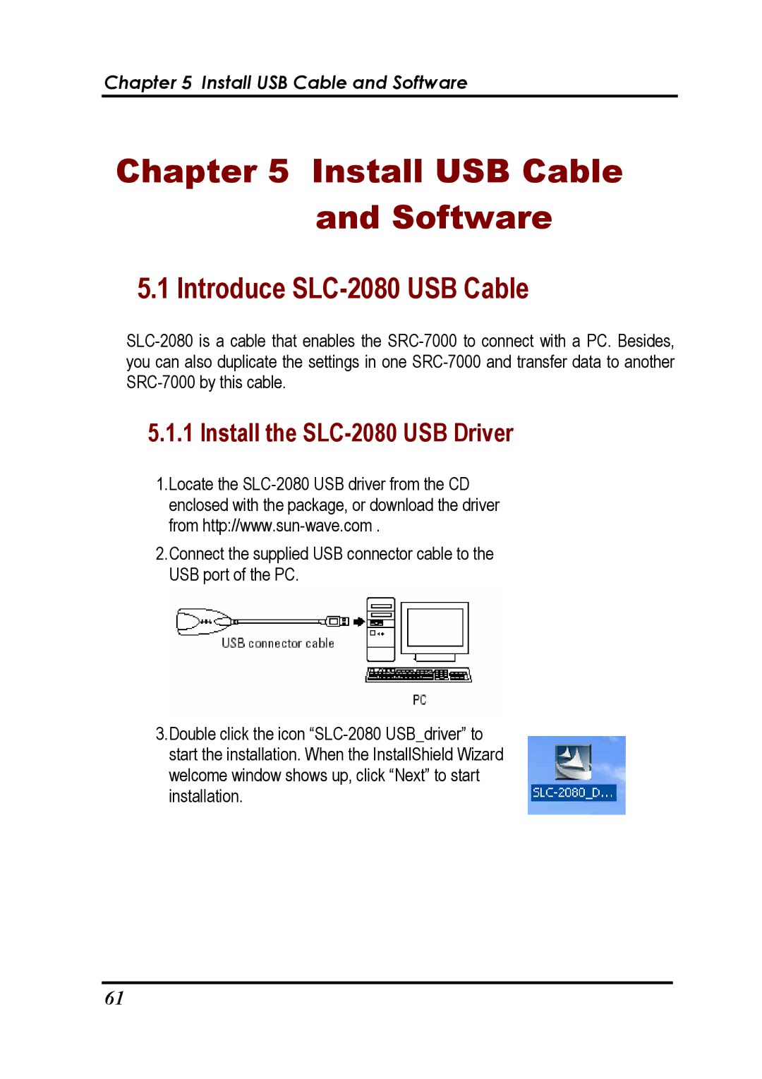 Sunwave Tech SRC-7000 manual Install USB Cable and Software, Introduce SLC-2080 USB Cable, Install the SLC-2080 USB Driver 