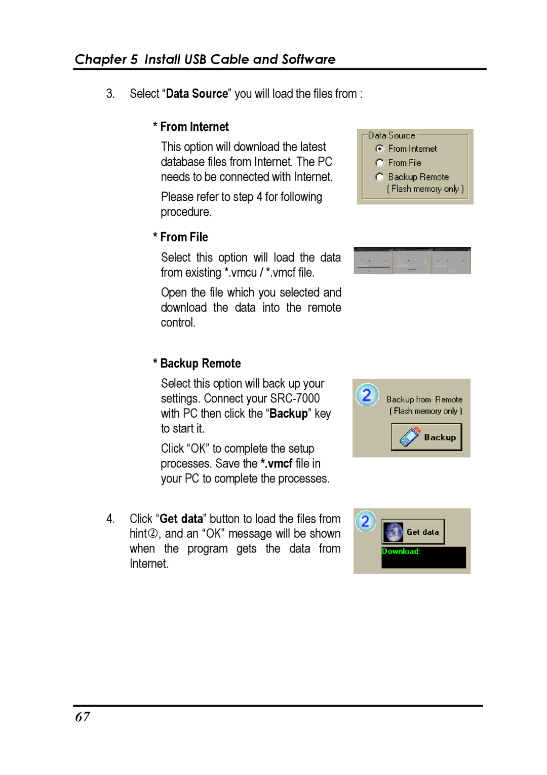 Sunwave Tech SRC-7000 manual From Internet, From File, Backup Remote 