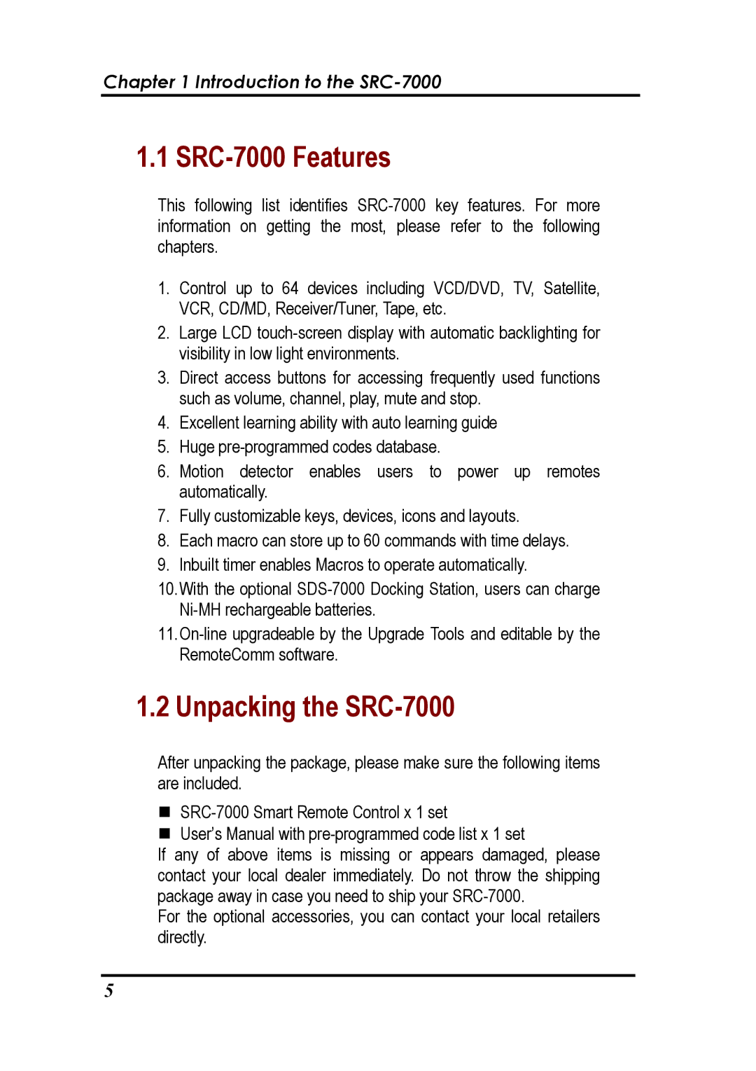 Sunwave Tech manual SRC-7000 Features, Unpacking the SRC-7000 