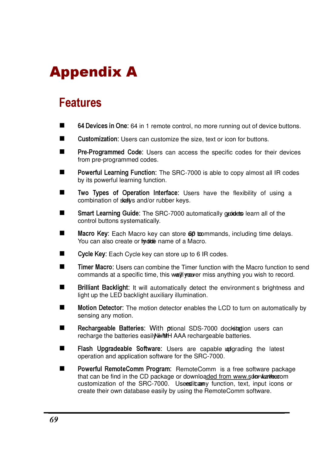 Sunwave Tech SRC-7000 manual Appendix a, Features 