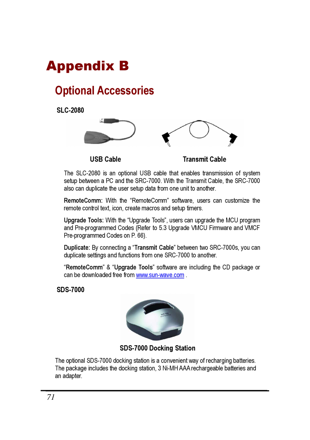 Sunwave Tech SRC-7000 manual Appendix B, Optional Accessories, SLC-2080 USB Cable Transmit Cable 