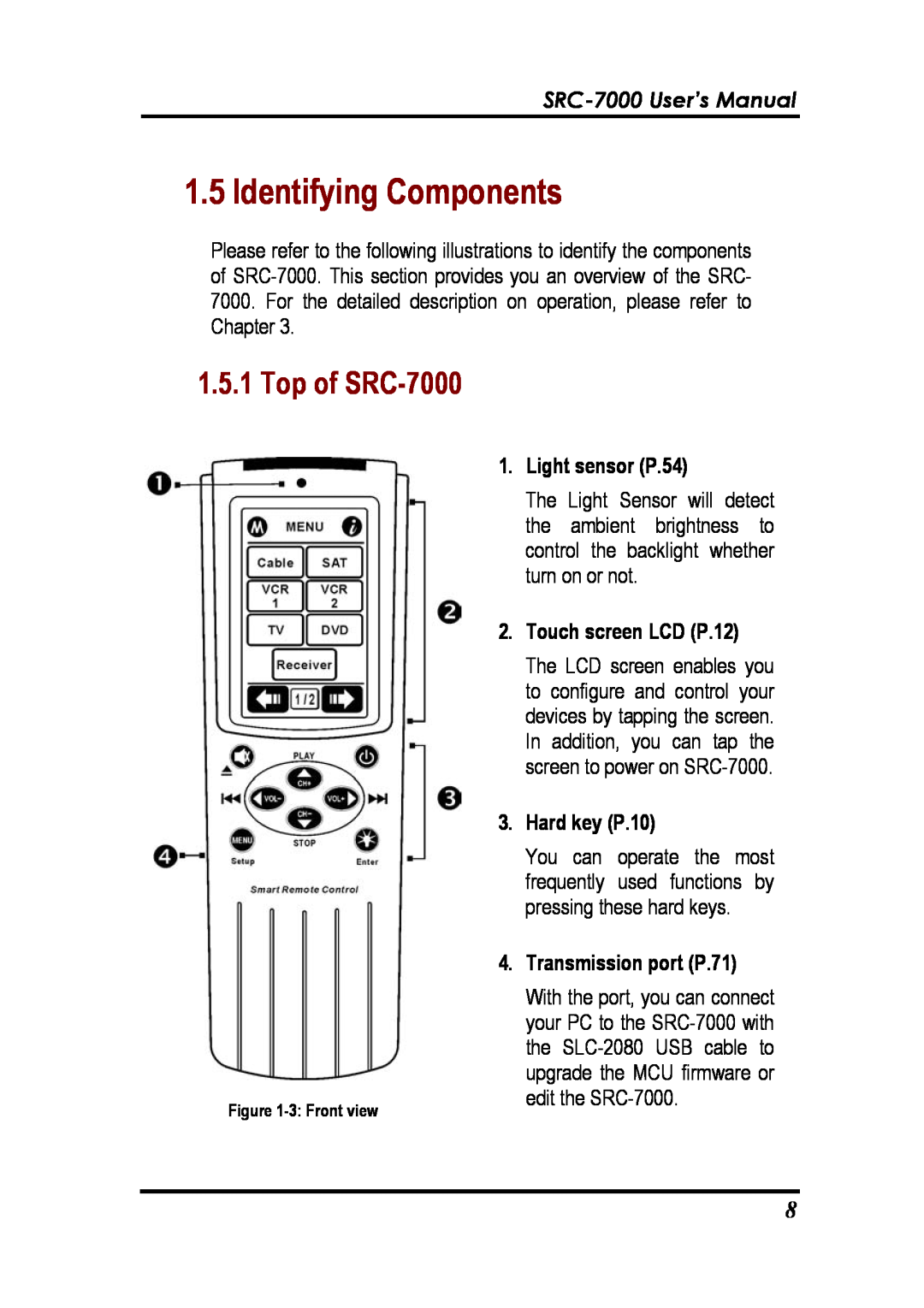 Sunwave Tech Identifying Components, Top of SRC-7000, SRC-7000 User’s Manual, Light sensor P.54, Touch screen LCD P.12 