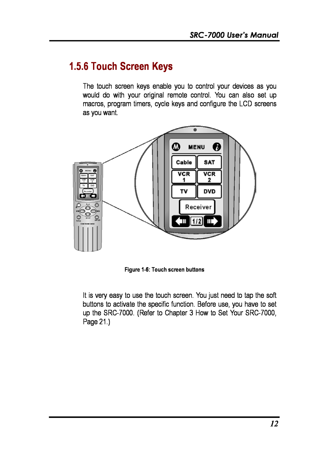 Sunwave Tech manual Touch Screen Keys, SRC-7000 User’s Manual, 6 Touch screen buttons 