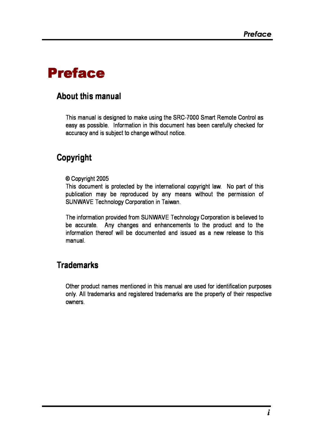 Sunwave Tech SRC-7000 Preface, About this manual, Copyright, Trademarks 