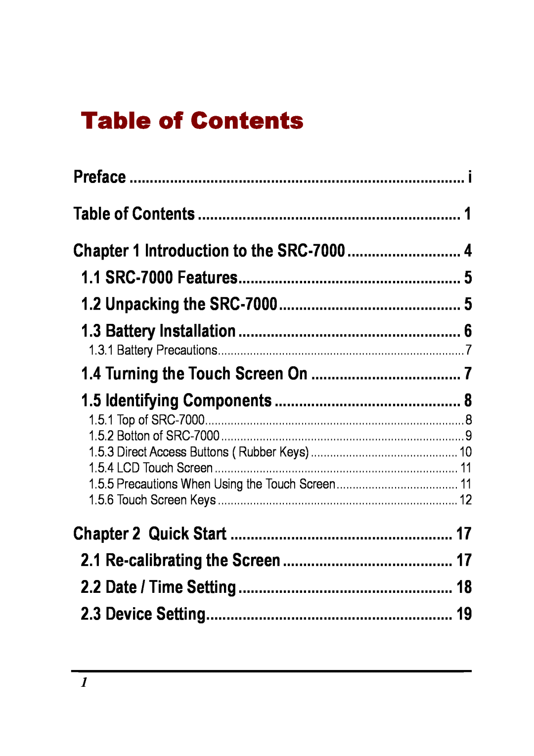Sunwave Tech SRC-7000 manual Table of Contents 