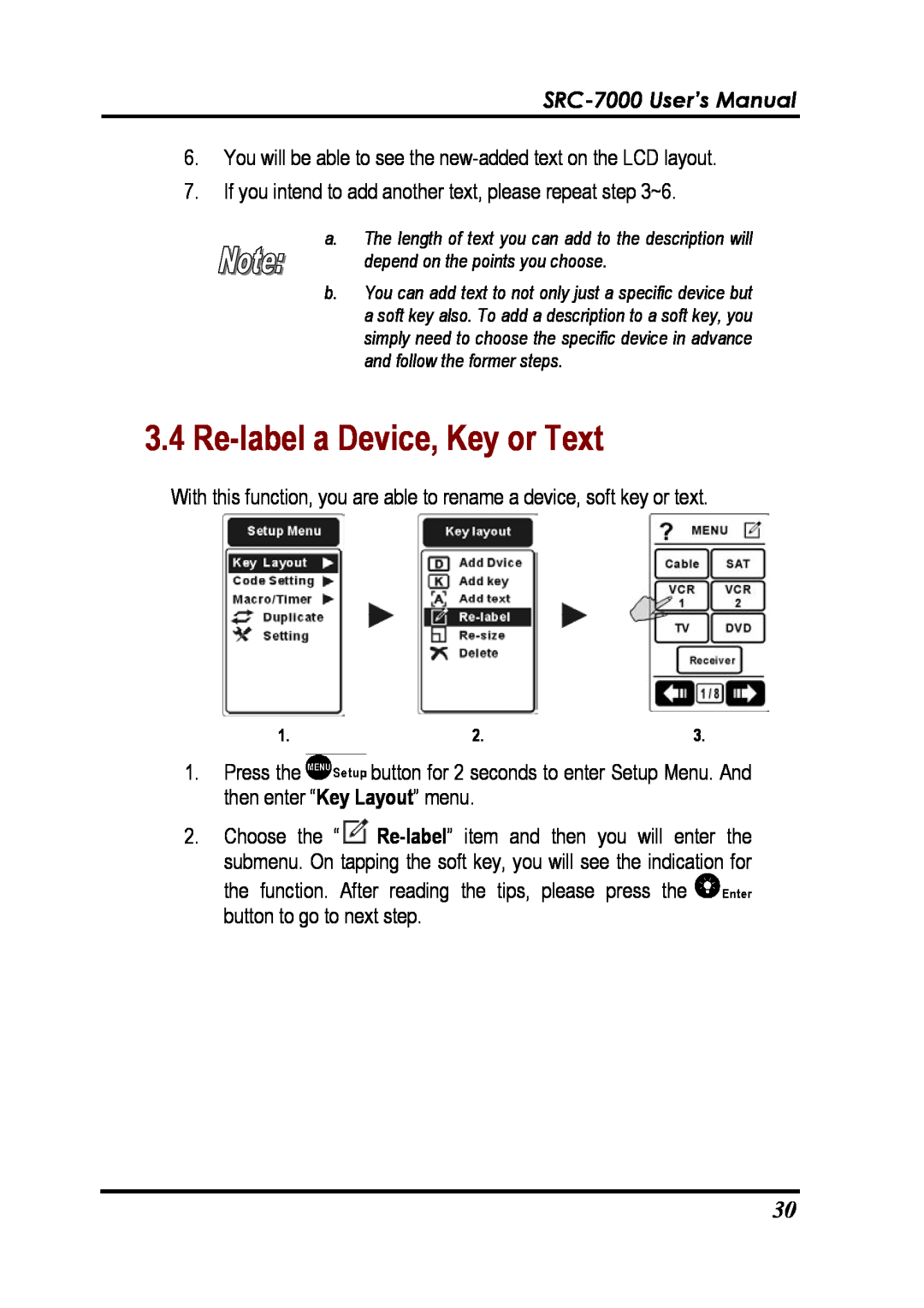 Sunwave Tech manual Re-label a Device, Key or Text, SRC-7000 User’s Manual 