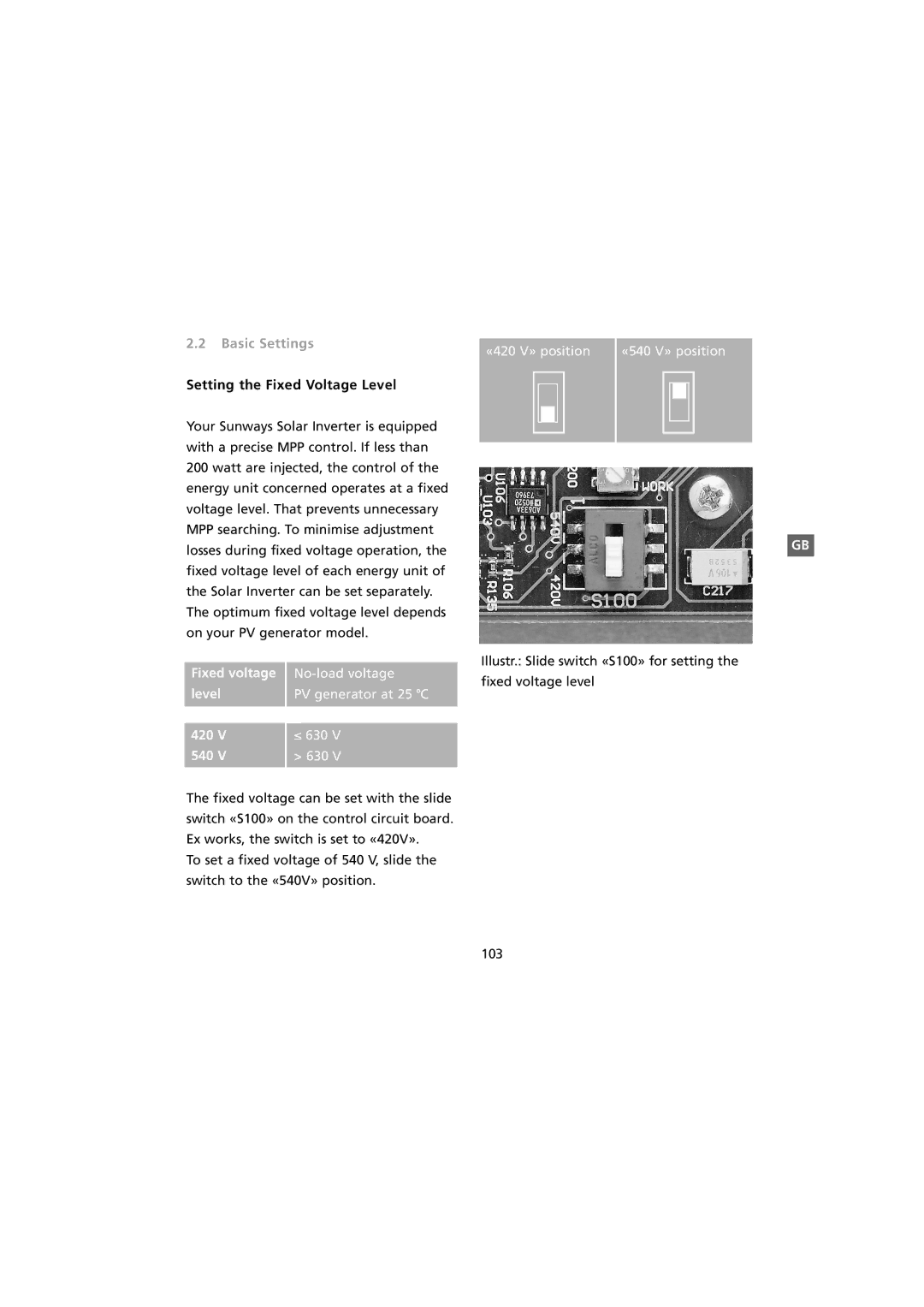 Sunway NT 10000 user manual Basic Settings, Fixed voltage level 420 540 