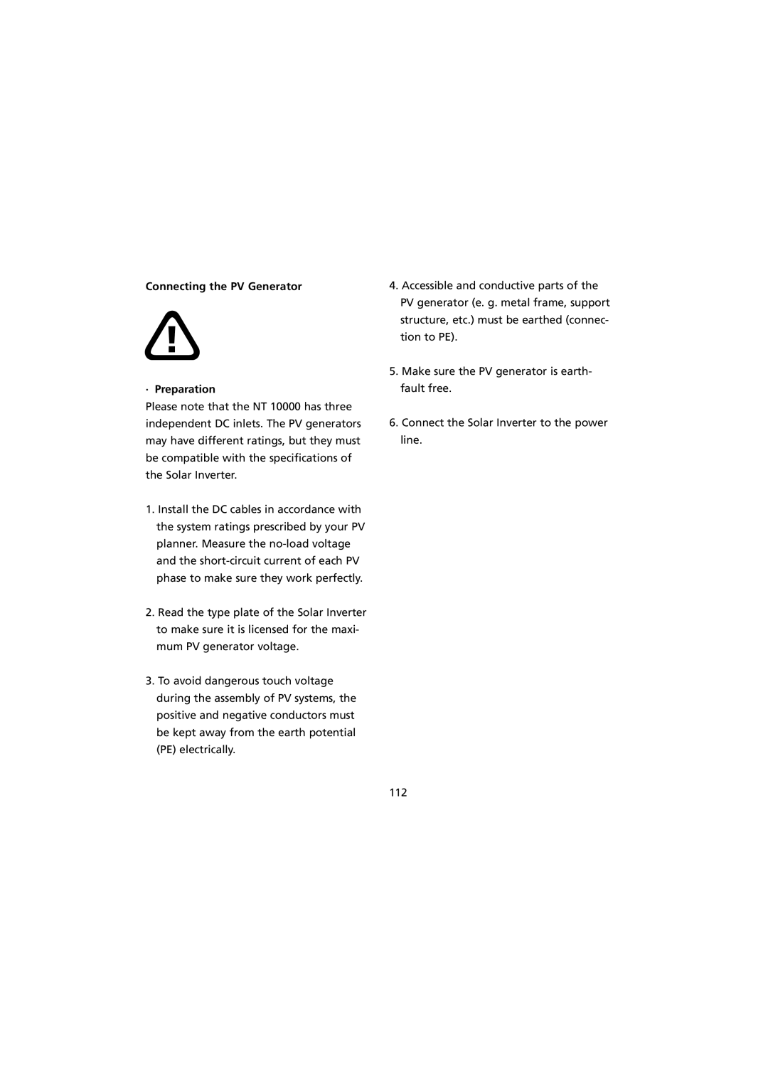 Sunway NT 10000 user manual Connecting the PV Generator · Preparation 